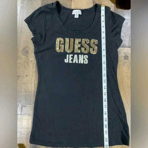 GUESS Jeans Women’s Jet Black T-Shirt with Gold Writing and Gold Sequins - Picture 3 of 11
